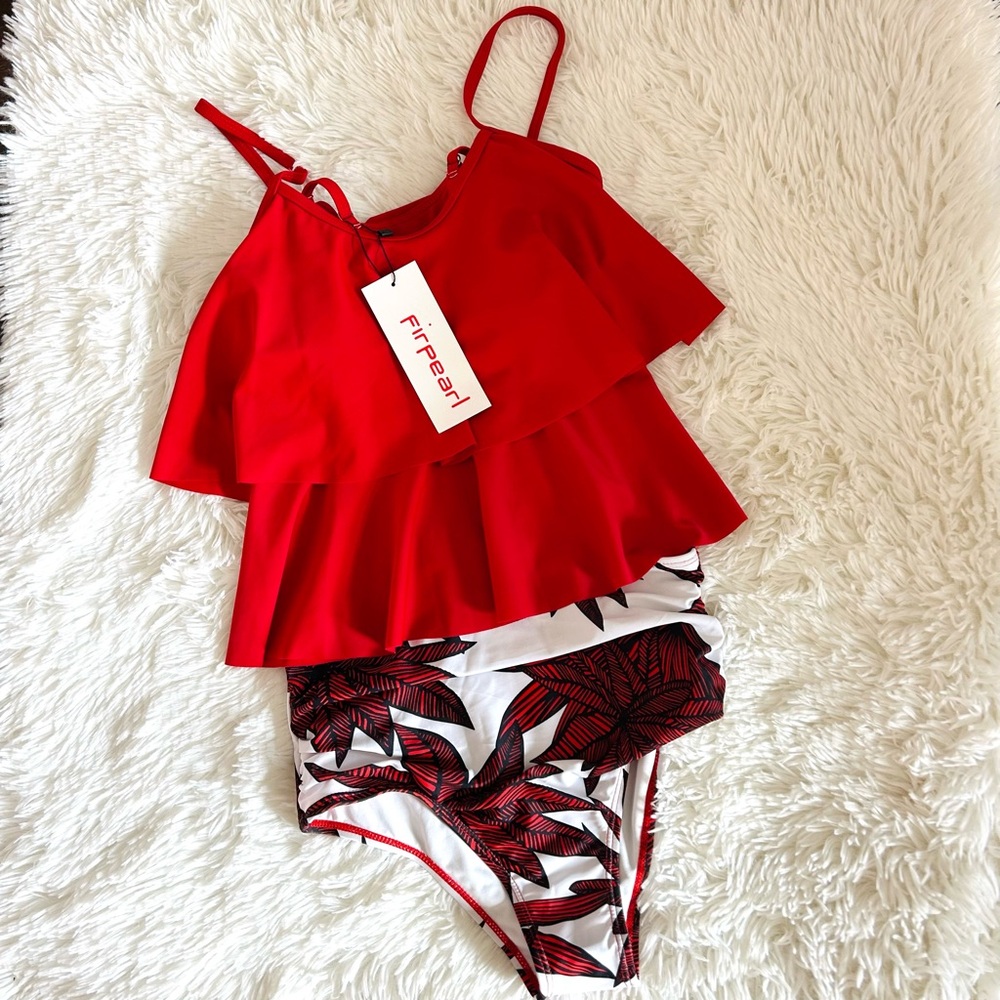 Women's High Waisted Bikini Flounce Crop Two Piece Bathing Suit M 8-10 Red-New